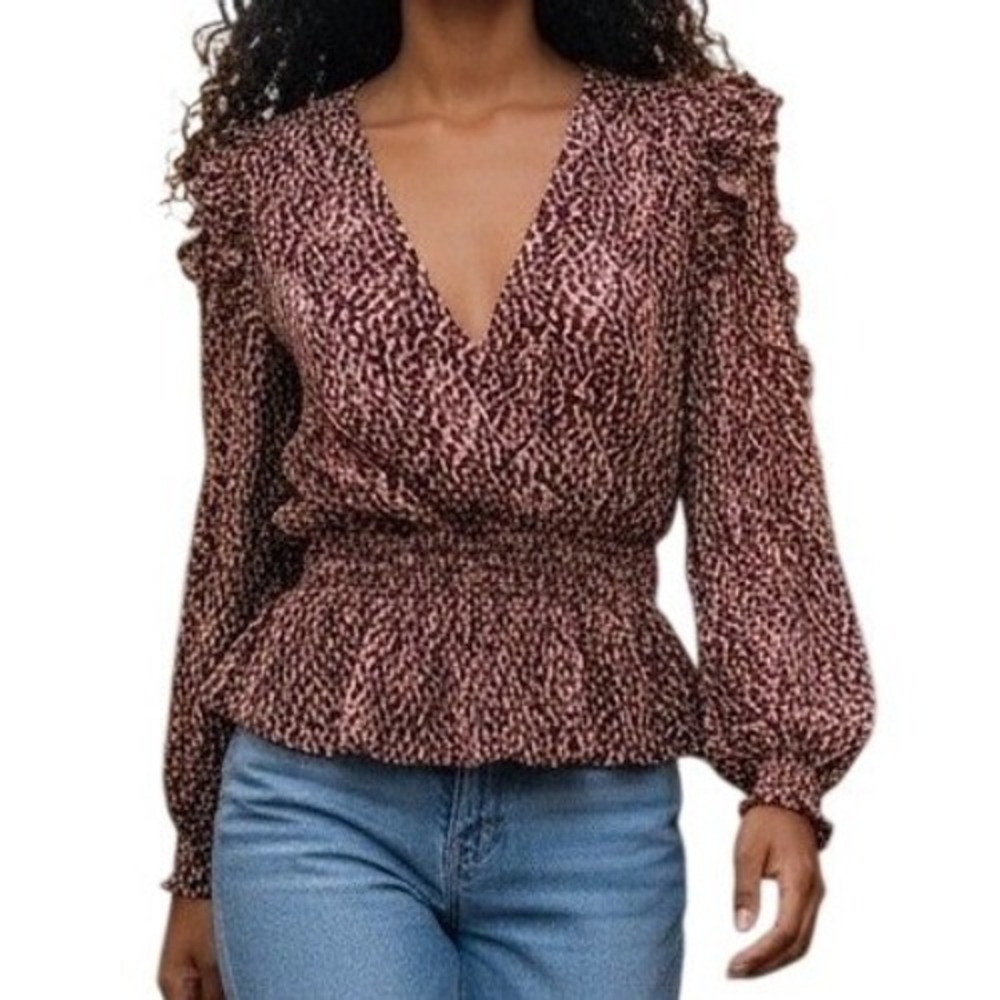 EXPRESS  Mixed Media Ruffle Trim Wine Cream Peplum Hem Blouse NWT $64 XS